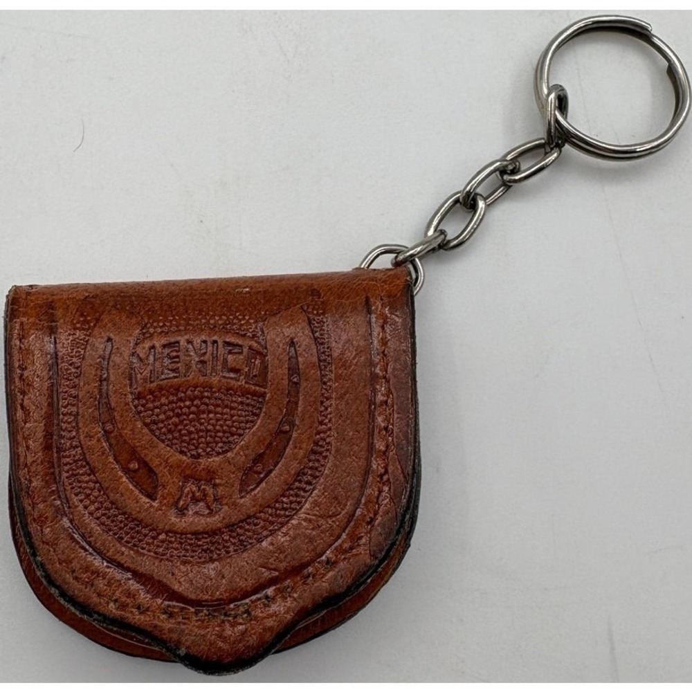 Geminis Leather Coin Holder Keychain Brown Made in Mexico Vintage - Picture 4 of 5